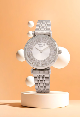 Qorum Evara Ladies Watch - Silver Studded Dial, Stainless Steel Strap.png