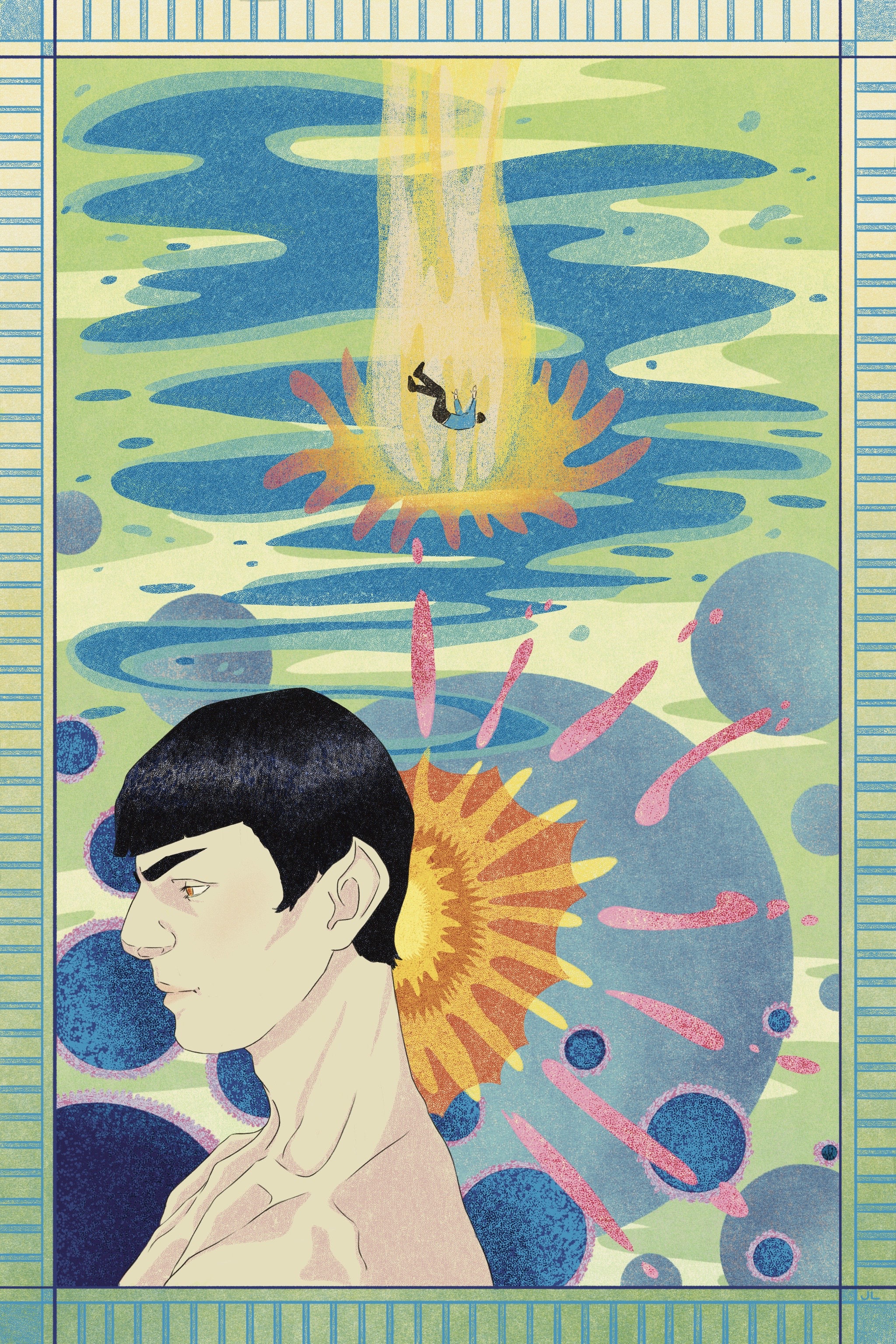 a color illustration of spock. his head and shoulders, unclothed, are visible in the lower right corner. light appears to emanate from his nape. the background is a blurry wash of blue and green through which a smaller figure of spock appears to be falling