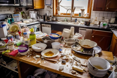 messy kitchen with dirty dishes counter dishes counter generative ai 97167 9229.jpg