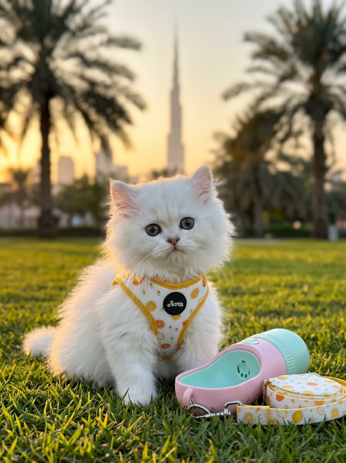 Adorable fluffy white Persian kitten in Petria lemon-yellow citrus harness with portable pet water bottle in Dubai park