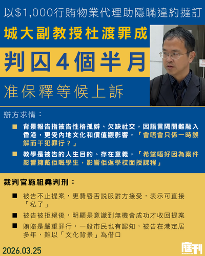 20260325庭刊│以1000行賄物業代理助瞞違約撻訂 城大副教授杜渡罪成判囚4個半月 准保釋等候上訴 官指難以「文化背景」為借口 1229x1536.png