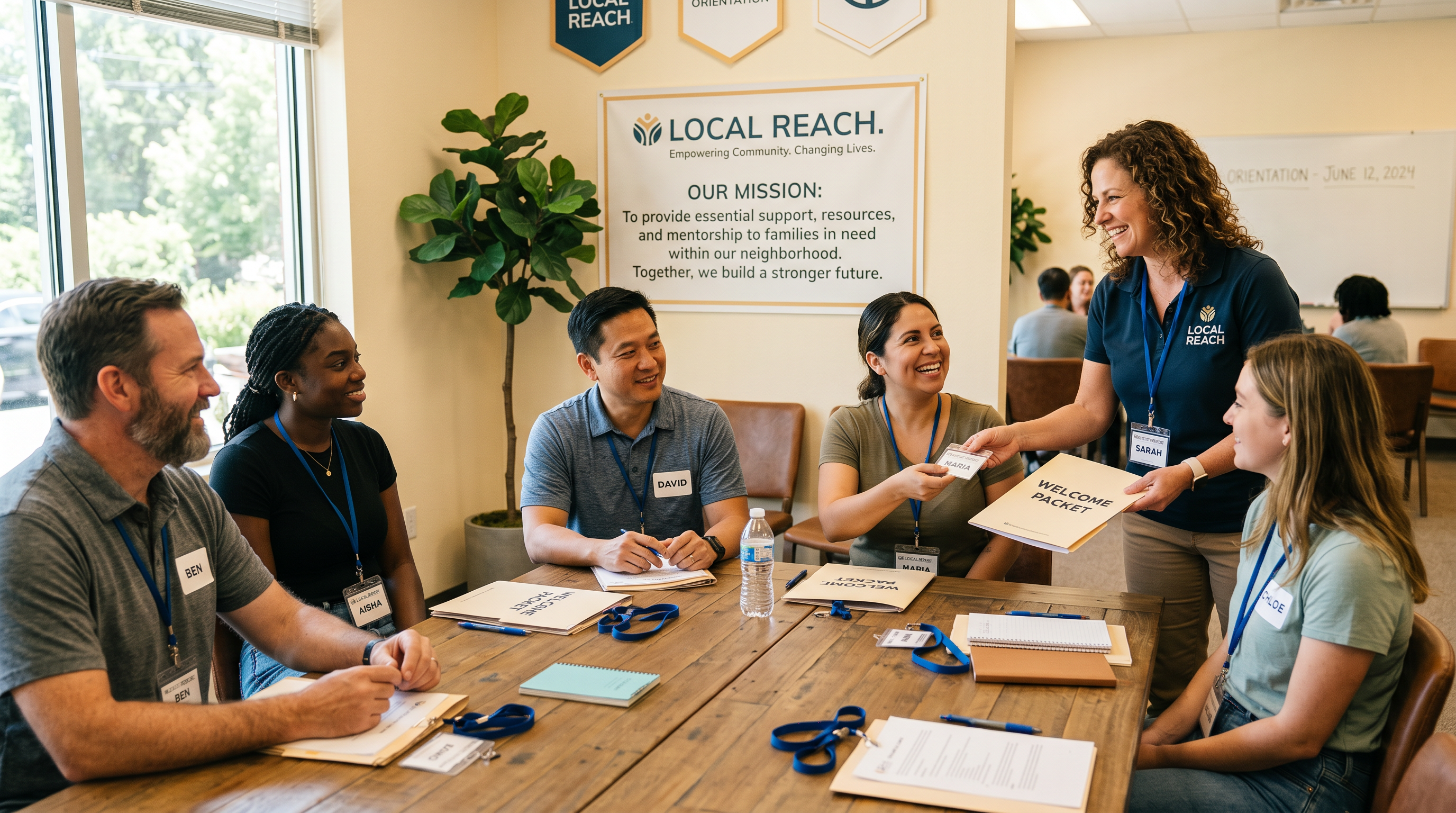 New volunteers receiving welcome packets and name badges at a nonprofit orientation session