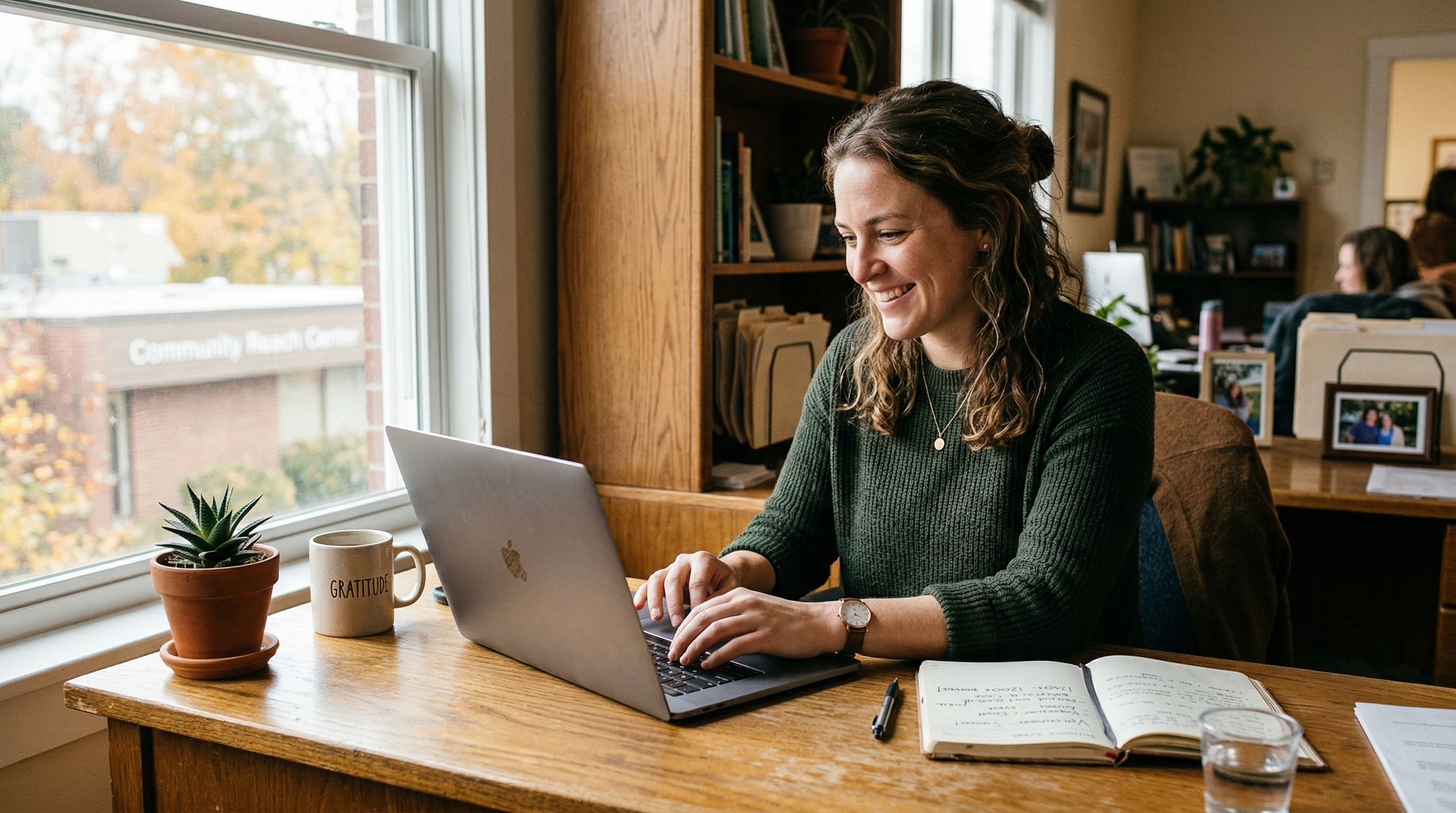 A nonprofit coordinator drafting a thank-you email to volunteers on her laptop