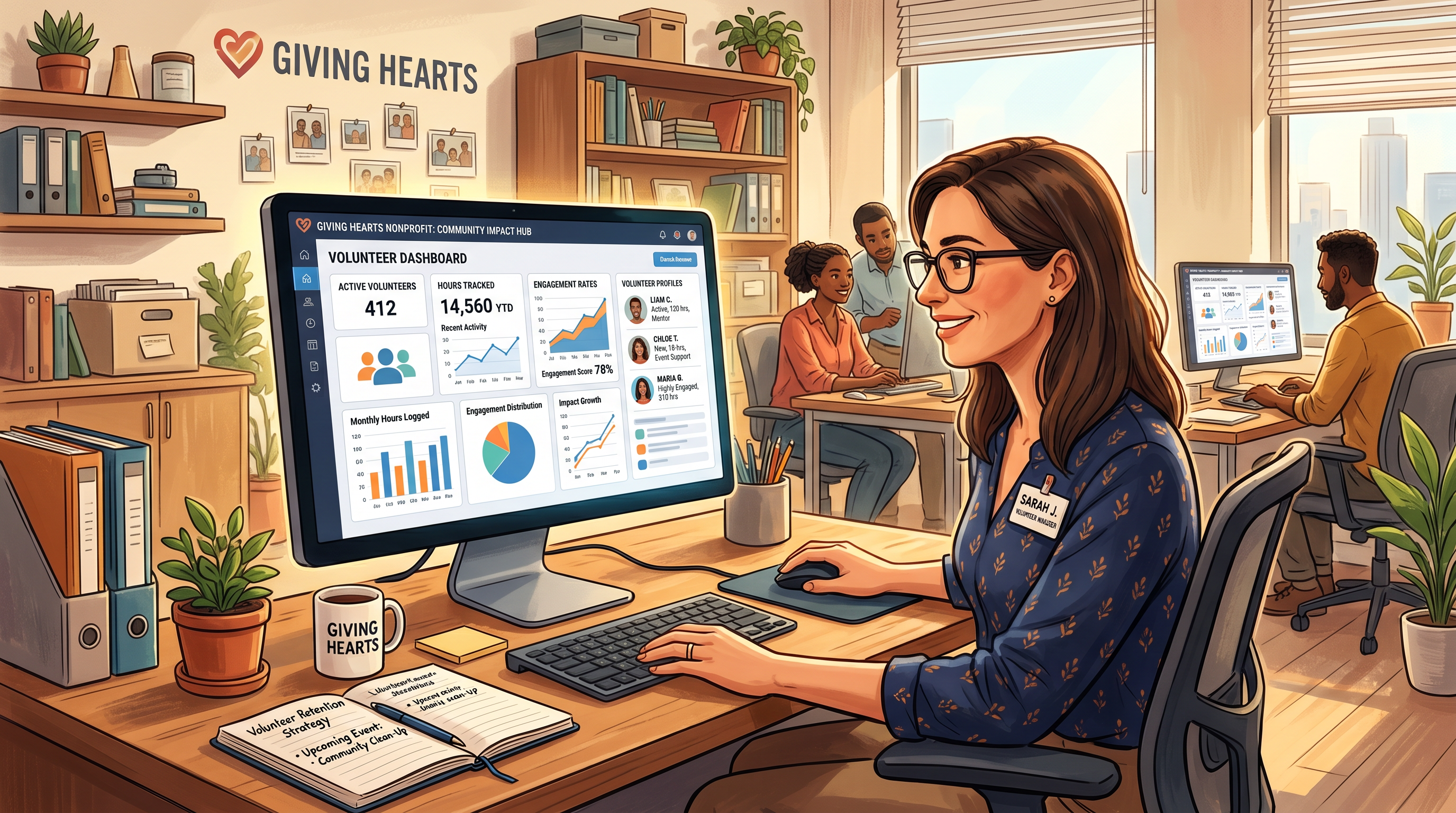 A nonprofit volunteer coordinator reviewing volunteer profiles and engagement data on a CRM dashboard