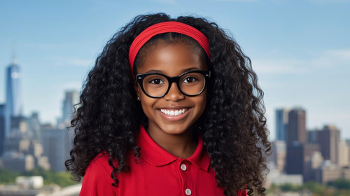 Create a 14 year old dark skin girl with a pretty smile a red headband with cornrows in the front an.jpg