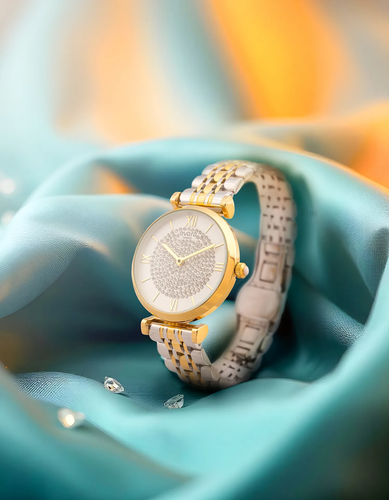 Qorum Evara Ladies Watch - Ivory White Studded Dial, Two-Tone Gold plated Stainless Steel Strap.png