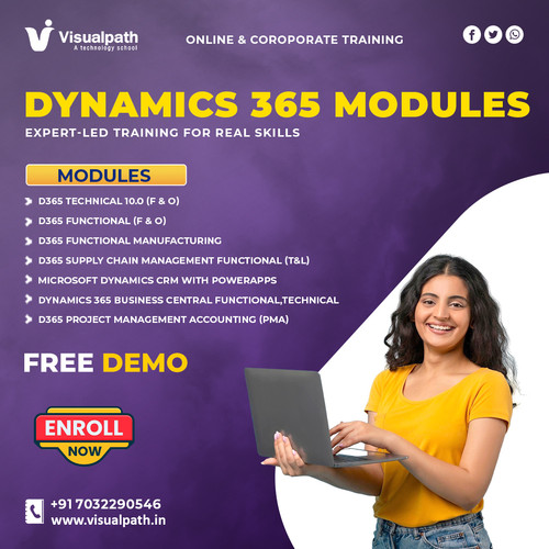 #Visualpath delivers online #Dynamics365 training with practical ERP concepts and real-time project exposure guided by expert trainers.
Key Learning Areas
🔹 D365 Technical 10.0
🔹 D365 Functional Modules
🔹 Manufacturing & SCM Functional
🔹 Dynamics CRM with PowerApps
🔹 Business Central Technical & Functional
🔹 PMA Concepts and Workflows
📲 WhatsApp: https://wa.me/c/917032290546 
🌐Website: https://www.visualpath.in/online-microsoft-dynamics-ax-technical-training.html 
Why Learn with Visualpath?
✔ Industry-focused online training
✔ Technical Doubt Clarification sessions
✔ Flexible learning for global learners
✔ Practical understanding of enterprise projects
Start building job-ready Dynamics 365 skills today.