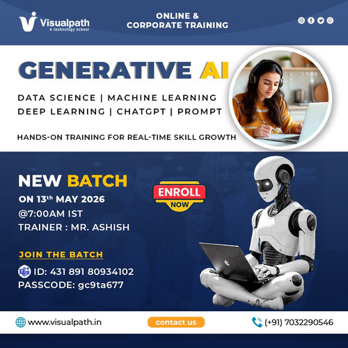 🤖 Learn practical AI skills with hands-on real-time training.
👨‍🏫 Trainer: Mr. Ashish
📅 Date: 13/05/2026 (Wednesday)
⏰ Time: 8:00 AM IST
🔗 Join Live: https://shorturl.at/F9sJa 
🆔 Meeting ID: 431 891 80934102
🔐 Passcode: gc9ta677
🔥 Key Topics Covered
• Data Science fundamentals
• Machine Learning concepts
• Deep Learning basics
• ChatGPT and Prompt Engineering
• Practical Generative AI workflows

🎯 This batch is ideal for learners who want real-world AI skills with practical project exposure.
📞 Contact: +91 7032290546
🌐 Visit: https://www.visualpath.in/generative-ai-course-online-training.html