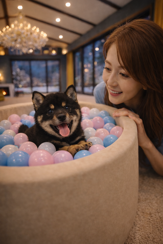 2주 동안, 볼 풀 안에서 시바 이누 아가 레오 강아지와 여인의 미소.png