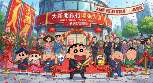 大新開銀行開張, 小新剪綵的樣子.jpg
