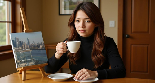 make a picture of her painting at her home sipping tea.jpg