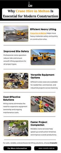 Efficient Heavy Lifting
Crane hire in Melton helps move heavy materials safely and quickly on construction sites.

Improved Site Safety
Professional crane operators reduce risks and ensure smooth lifting operations for all project types.

Versatile Equipment Options
Different crane sizes are available for residential, commercial, and industrial projects across Melton.

Cost-Effective Solutions
Hiring cranes eliminates the need for expensive equipment ownership and ongoing maintenance costs.

Faster Project Completion
Reliable crane services help speed up construction timelines and improve overall productivity.

For safe, reliable, and professional lifting solutions, choose Crane2U.

https://crane2u.com.au/bacchus-marsh-crane-hire/