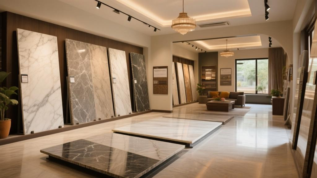 Marble and granite flooring slabs comparison Indian home showroom