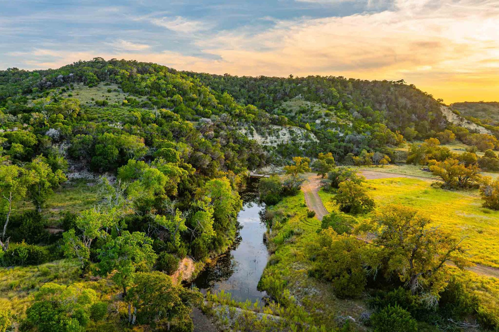 Rolling green acreage in Texas Hill Country with scattered oaks and limestone terrain