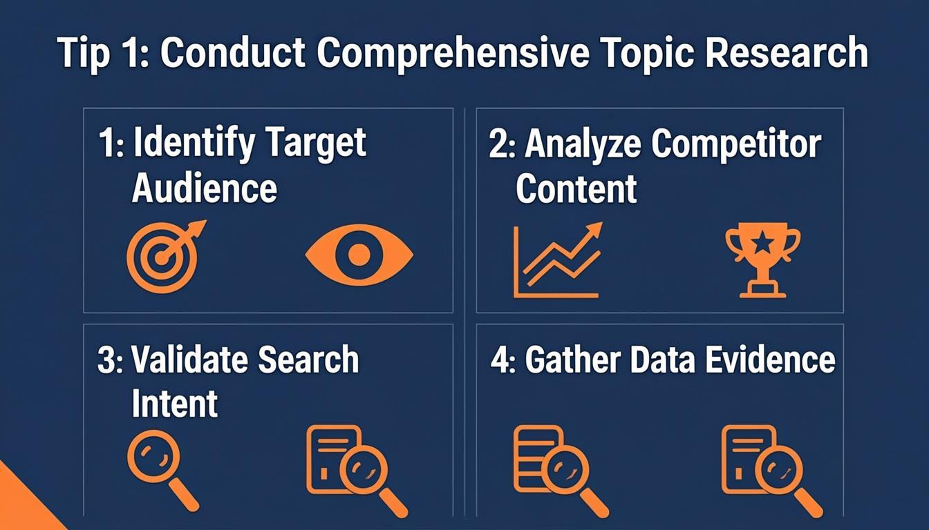 list visual: Tip 1: Conduct Comprehensive Topic Research
