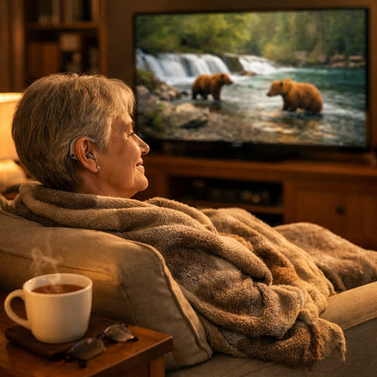 Person streaming TV audio directly through iHEAR Matrix hearing aids