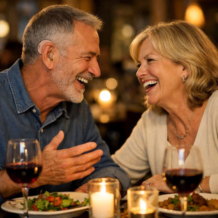 Family enjoying dinner conversation together — hearing clearly with Matrix