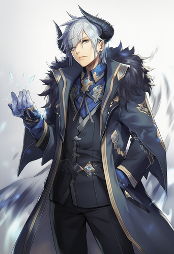 male, anime villain, fantasy, demon, silver hair, silver eyes, sword mage, horns s 2317490284.png