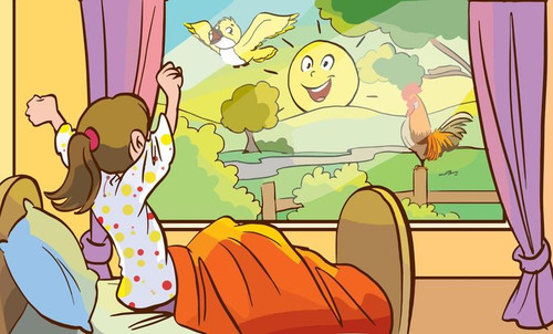 jolie petite fille se réveille au lever du soleil le vecteur de dessin animé du matin.jpg
