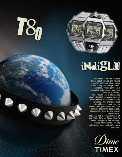 The Timex T80 stainless steel digital watch, paired with two studded strap options. Coming April 11t.png