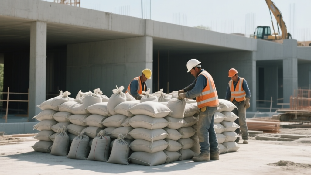 Cement bags stacked at modern construction site with workers in safety gear