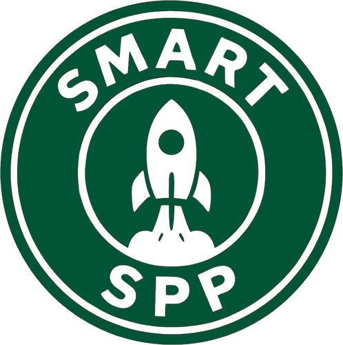 Generate Circular badge logo design with SMART text curved along the top arc and SPP text curved alo.png