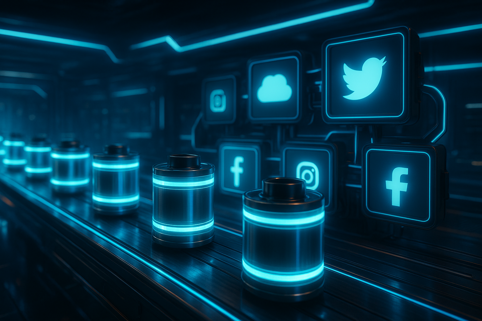 A cinematic conveyor of glowing film canisters moving through a futuristic distribution hub, branching into screens that represent various social platforms and cloud storage. The scene conveys seamless automation from creation to publishing. Style: sleek sci-fi, cool neon palette, motion blur, high dynamic range reflections.