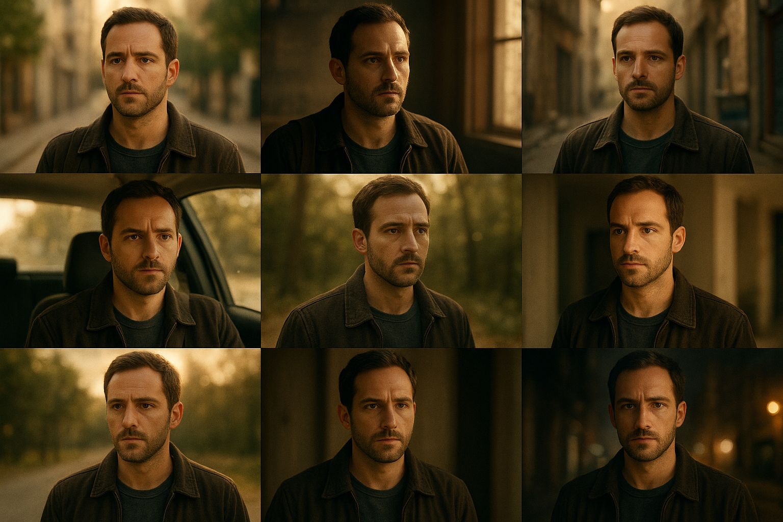 A grid of nine cinematic storyboard frames showing the same lead character across different locations and lighting scenarios, maintaining identical facial features, clothing color, and props. Each frame is richly detailed, with shallow depth of field and warm natural tones, evoking continuity and professional film previsualization. Style: hyperrealistic, soft film grain, gentle lens flares.
