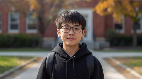 An asian kid with glasses wearing a black sweatshirt and is in front of a school.jpg