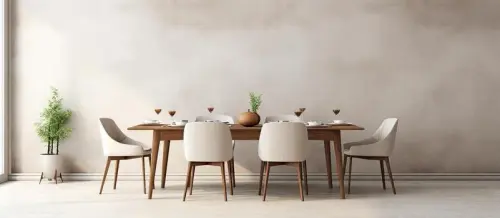 a white dining room with concrete floors patterned walls and a wooden and white table with chairs fe.webp