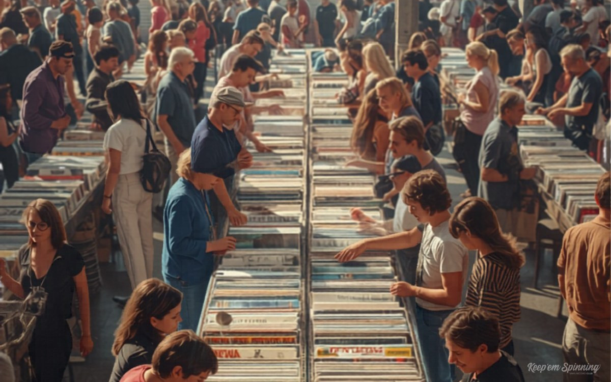 Busy vinyl record fair with collectors