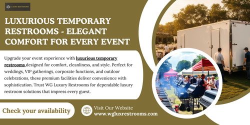 Upgrade your event experience with luxurious temporary restrooms designed for comfort, cleanliness, and style. Perfect for weddings, VIP gatherings, corporate functions, and outdoor celebrations, these premium facilities deliver convenience with sophistication. Trust WG Luxury Restrooms for dependable luxury restroom solutions that impress every guest.

https://www.wgluxrestrooms.com/restrooms