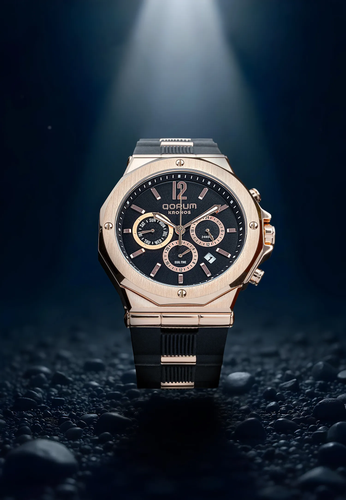 Luxury Men’s Chronograph Watch with Black Dial & Rose Gold Finish | Qorum Kronos.png