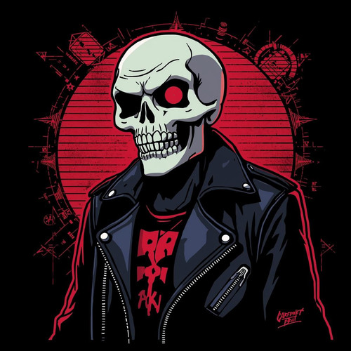 Carpenter Brut character illustration, stylized cartoon skull character wearing leather jacket, red .jpg