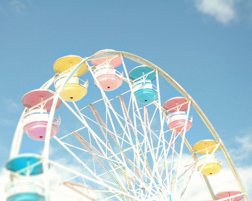 Ferris wheel photography, carnival print, midway, county fair, blue, pink, yellow, pastel, summer Sp.jpg