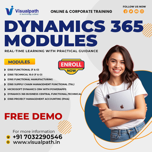 Learning D365 theory is easy. Applying it in real ERP environments is what matters.
At #Visualpath, you gain hands-on exposure across core Dynamics 365 modules through practical online training and real-time scenarios.

📚 Key Modules Covered
🔹 D365 Technical 10.0
🔹 D365 Functional (F&O)
🔹 Manufacturing & SCM
🔹 Dynamics CRM with PowerApps
🔹 Business Central (Technical & Functional)
🔹 PMA Workflows & Concepts

🎯 Learn with expert trainers. Practice with real business use cases. Get job-ready with confidence.
📲 WhatsApp: https://wa.me/c/917032290546 
🌐 Website: https://www.visualpath.in/online-microsoft-dynamics-ax-technical-training.html