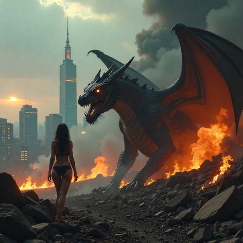 freepik fantasy black dragon emerging from burning tokyo rubble sexy woman with large breasts standi.png