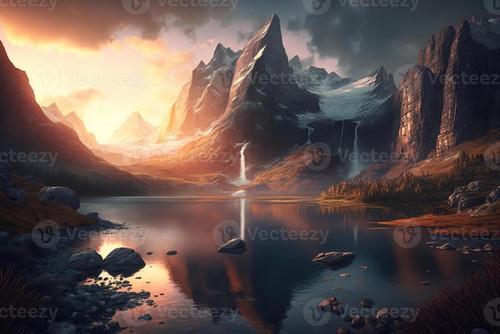 fantasy art of mountain valley with lake perfect spring sunset landscape epic mountain stunning suns.jpg