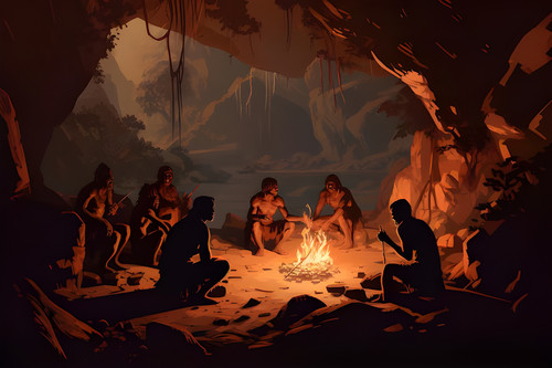 group people sit around campfire delighting comforting warmth companionship prehistoric cave dweller.jpg