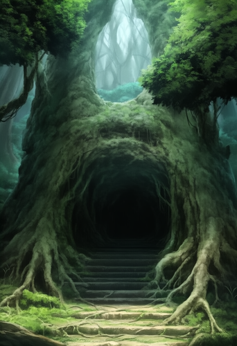 black portal, green cave under trees, trees, roots, mound, dungeon s 411526781.png