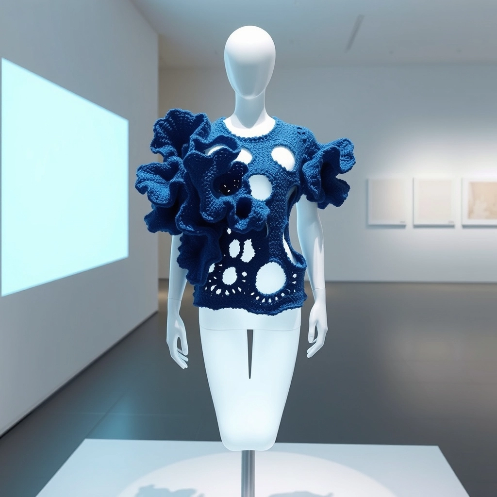 An avant-garde 3D crochet piece with sculptural transparency, reflecting 2026 fashion trends.