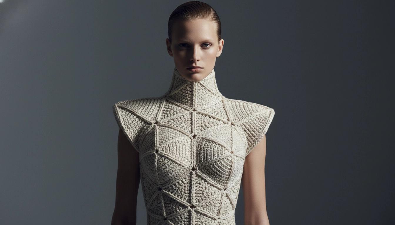 A high-fashion model wearing a structured, avant-garde garment showcasing Crochet Trends 2026: Top Styles, Colors & DIY Projects.