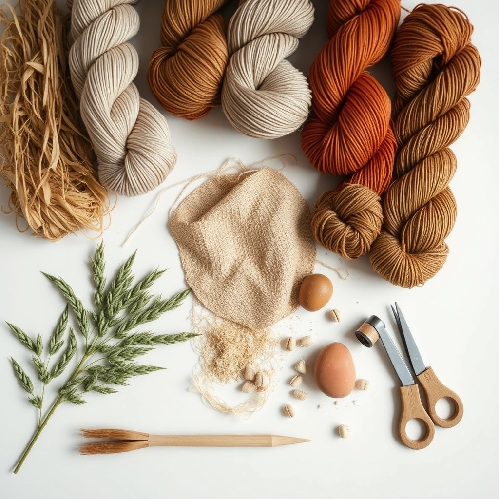 A collection of sustainable yarns including organic hemp and recycled silk for eco-friendly crochet projects.