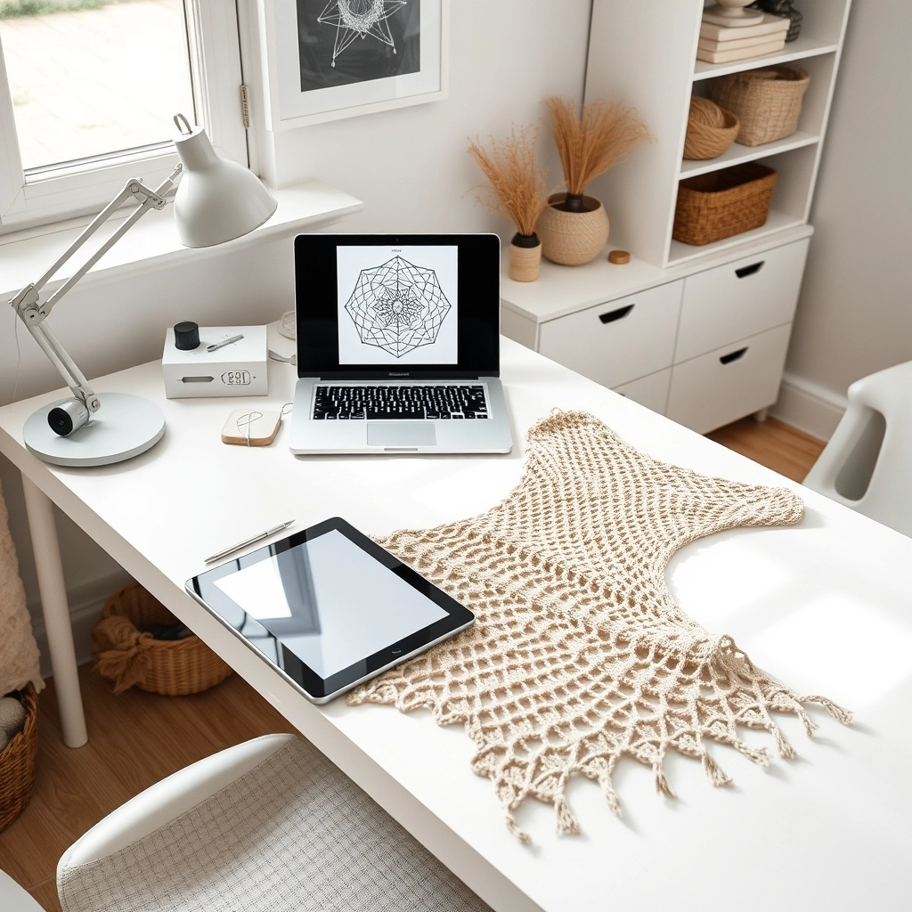 A modern designer's workspace featuring complex DIY projects following Crochet Trends 2026: Top Styles, Colors & DIY Projects.