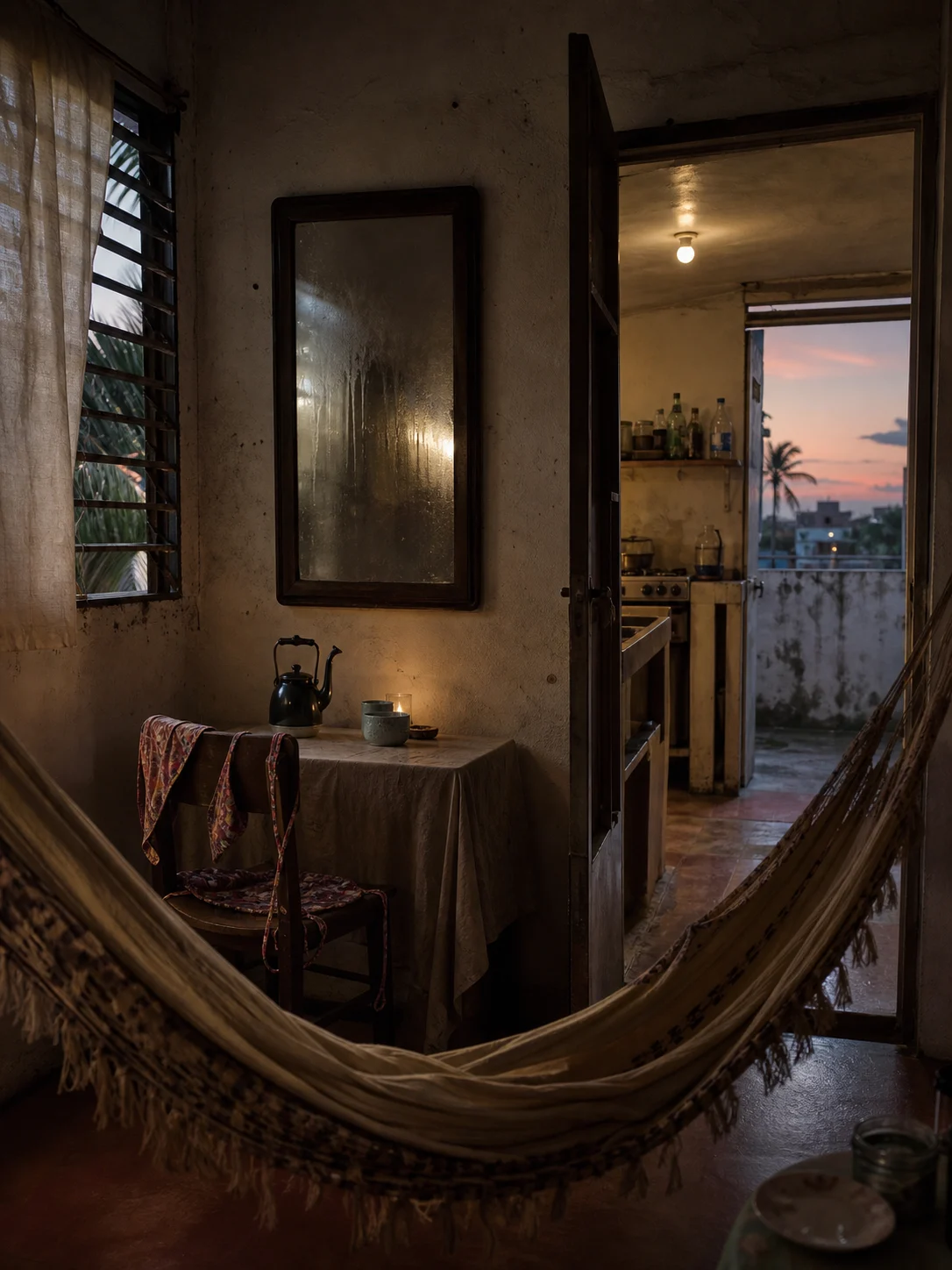 Habitación pequeña y silenciosa al atardecer, con una hamaca vacía, un espejo empañado y una cocina vacía al fondo.