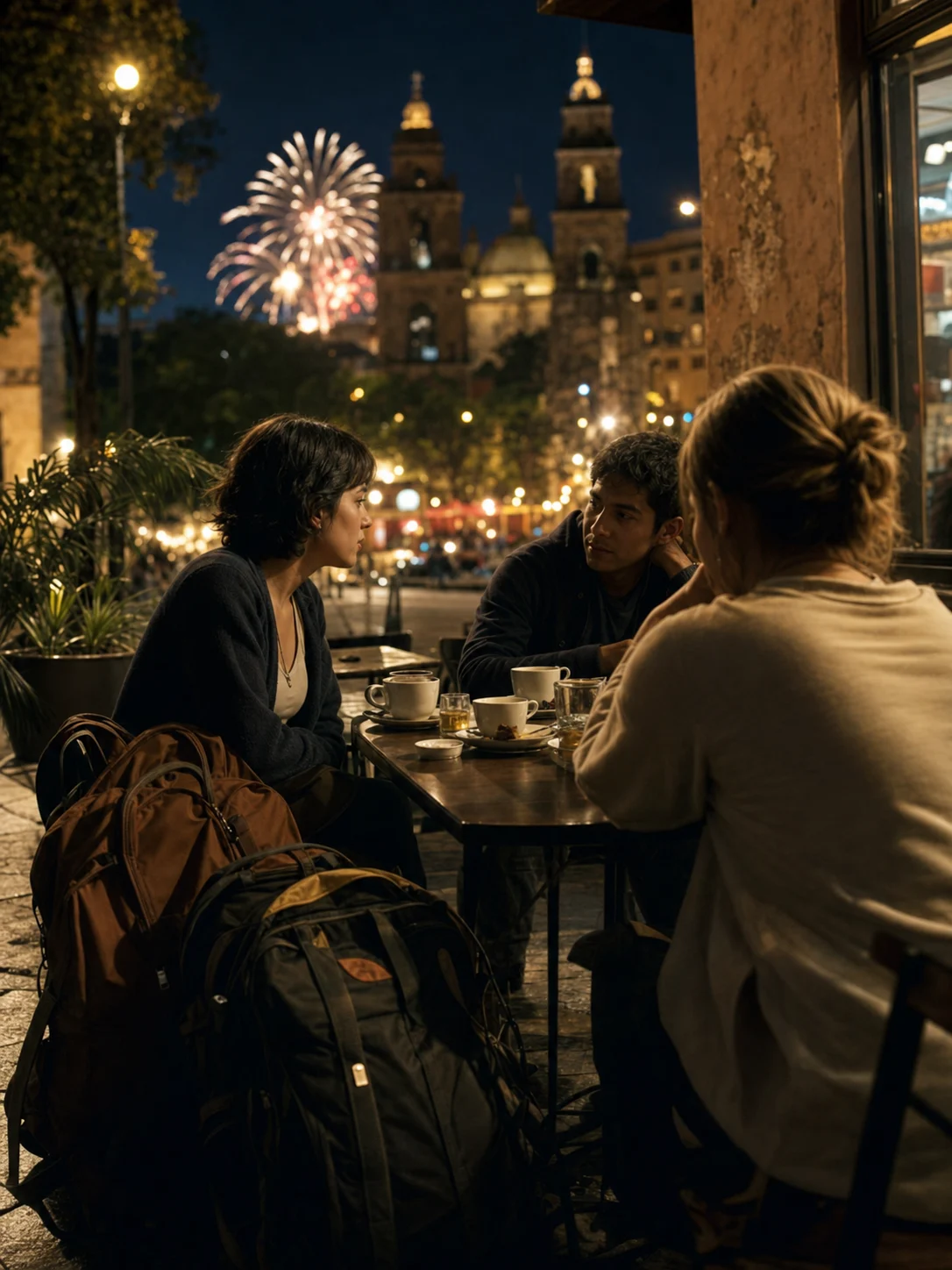 Tres personas conversando en una mesa de café al aire libre, con mochilas, tazas y una catedral iluminada con fuegos artificiales al fondo.