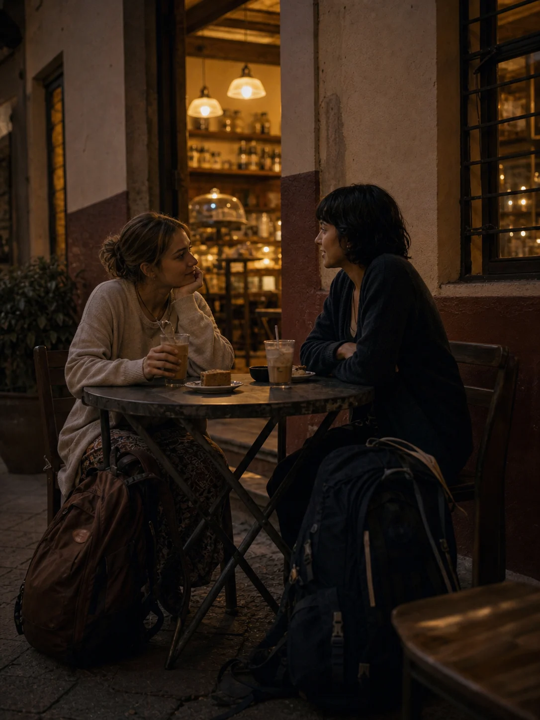 Dos personas conversando en una mesa exterior de café al anochecer, con bebidas y mochilas junto a las sillas.