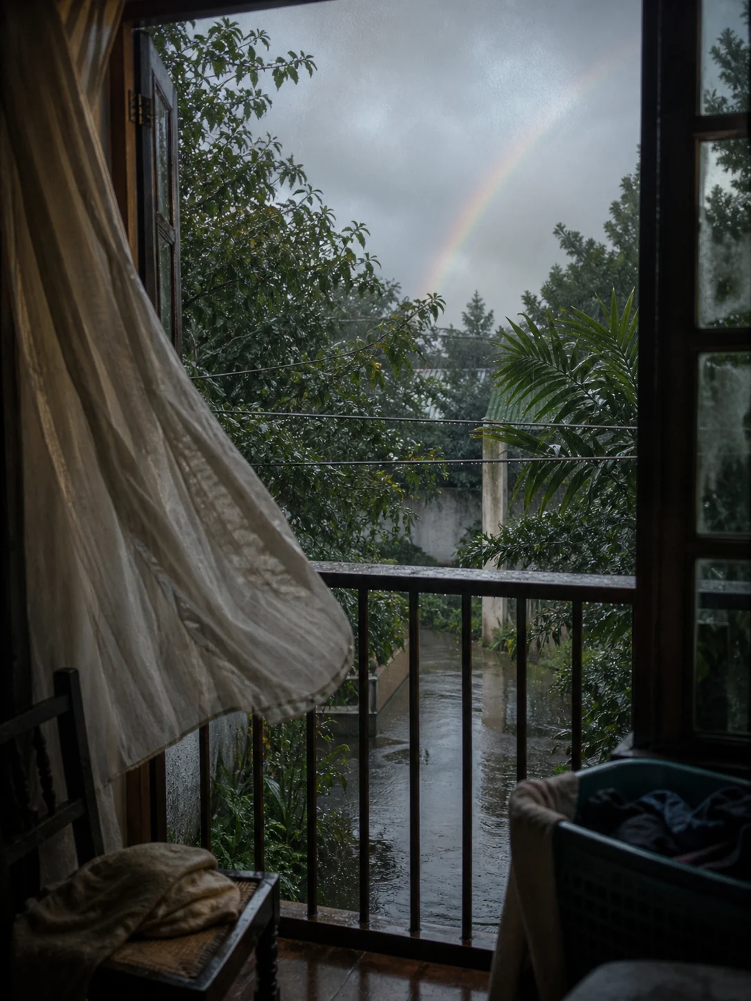 Ventana abierta hacia un patio mojado por la lluvia de la mañana, con árboles, balcón y un arcoíris tenue al fondo.
