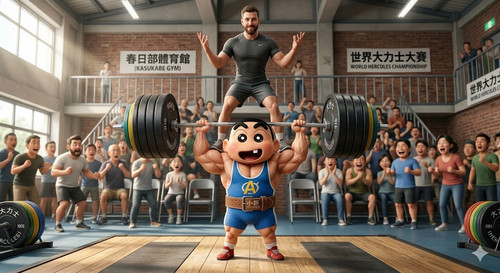 大力士蠟筆小新站著舉起大槓鈴 and a man is standing on the bar bell.jpg