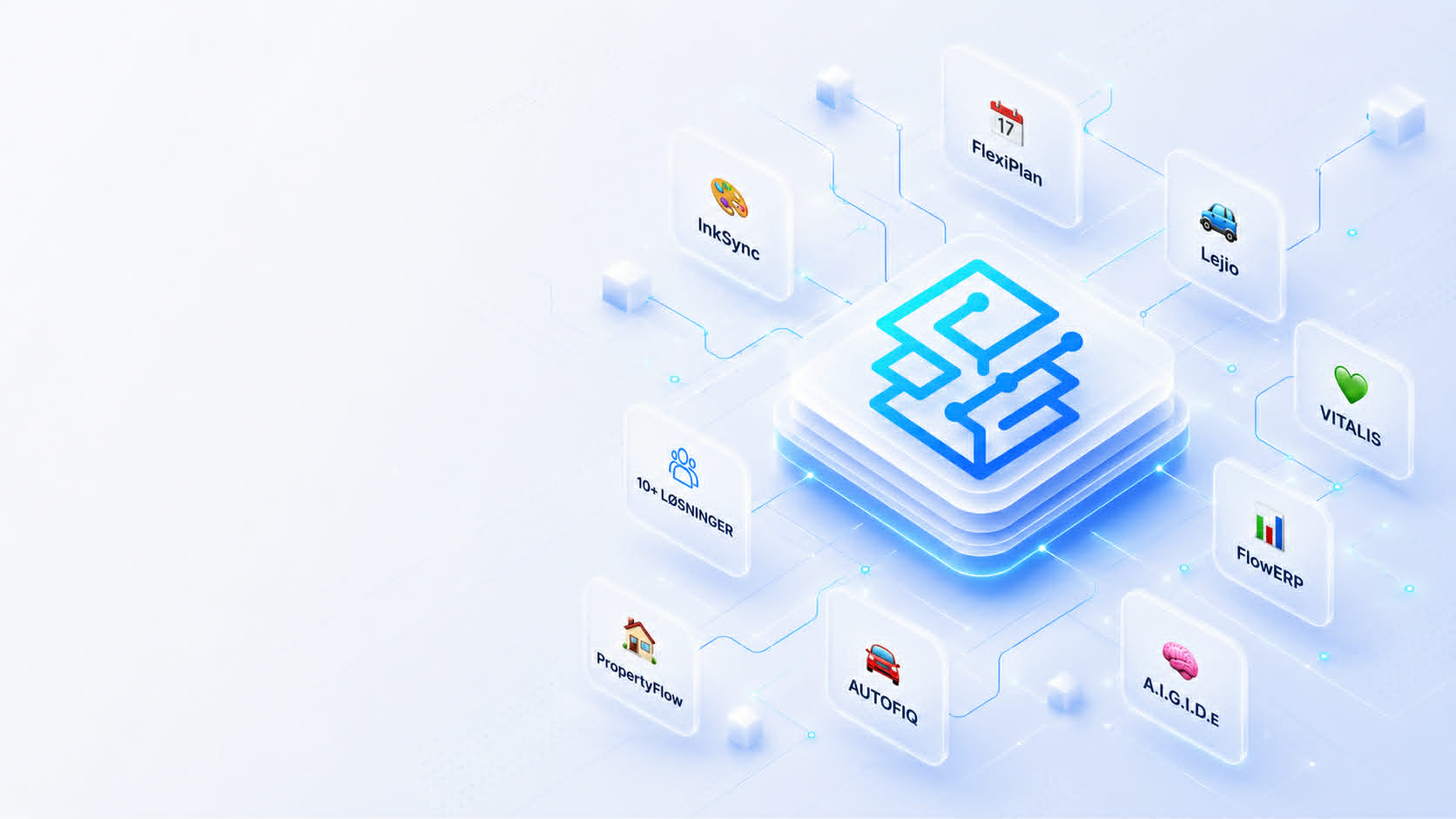 JD ICON Økosystem — FlowERP, A.I.G.I.D.E., PropertyFlow, Lejio, AUTOFIQ, VITALIS, FlexiPlan, InkSync